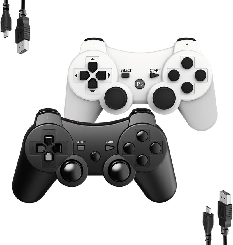 MOVONE wireless Controller for ps3 Rechargeable Game Wireless Controller 2 Pack with 2 Charging Cables, Compatible with Playstation3 (Black+White) - Image 1
